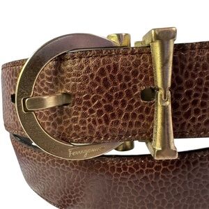 SALVATORE FERRAGAMO Black & Brown Pebbled Leather Belt Men 35 Made In Italy